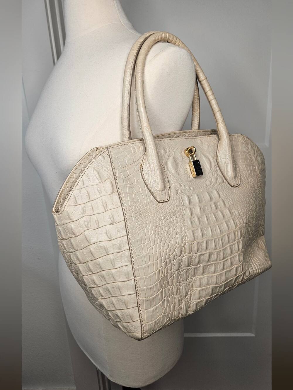 Furla Croc Embossed Leather Dome Satchel Ivory Beige Tote Bag Gold Hardware